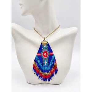 Handmade Boho Beaded Fringe Pendant Necklace Blue Red Geometric Tribal Statement